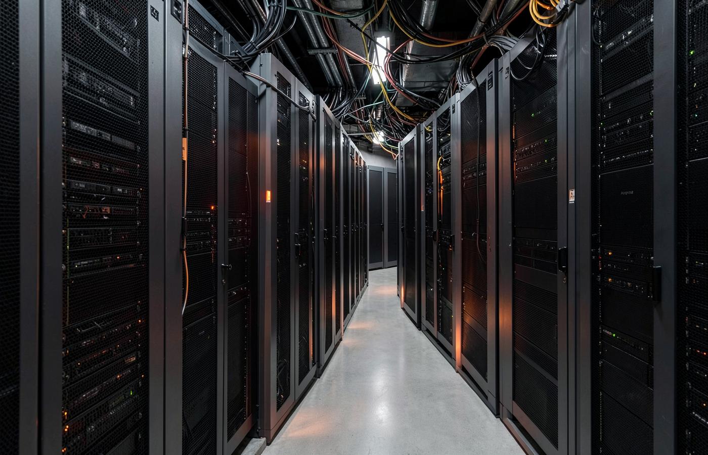 A data centre corridor lined with server racks and tidy cabling under warm indicator light