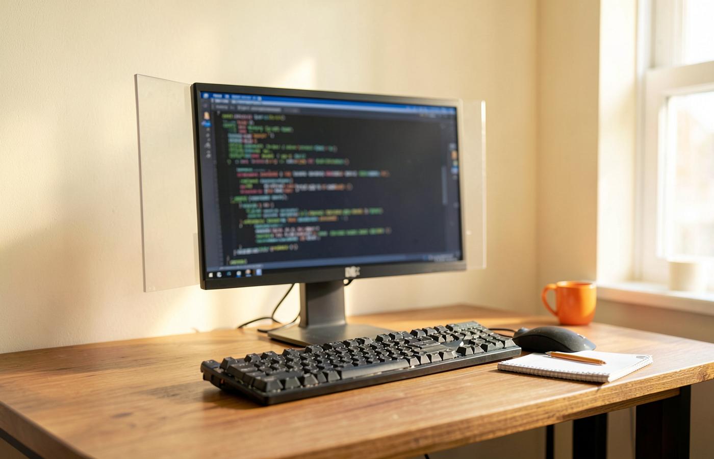A technology workspace with a monitor showing source code, a keyboard, and a notebook in warm daylight